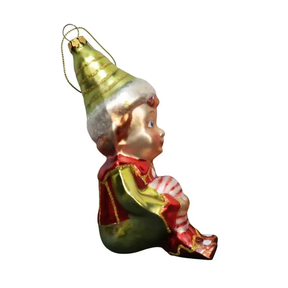 Knee Hugger Elf on a Shelf Blown Glass Christmas Ornament 6 in Vintage